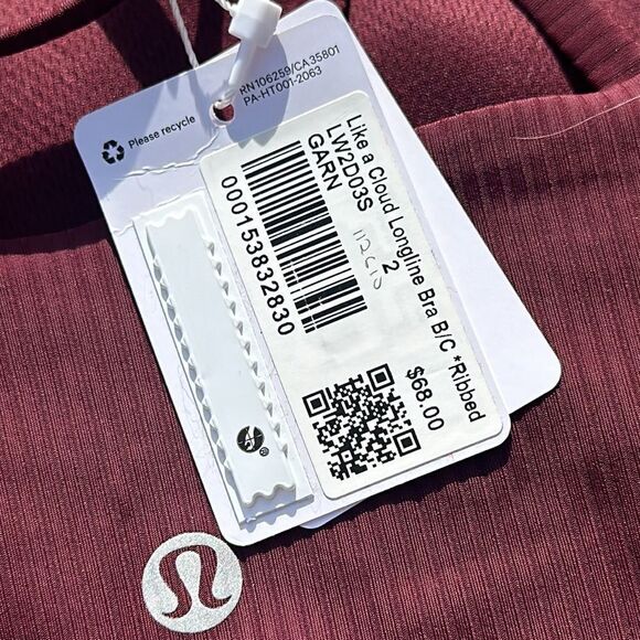 Lululemon Like a Cloud Ribbed Longline Bra, B/C Cup size 2 NWT GARNET red - Picture 4 of 7